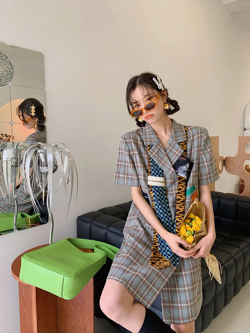 

SANGMAY High Street Suit Dress Hip-Pop Cool Grid Dress with Tip Fashion Vintage Korean Style Neutral Personality