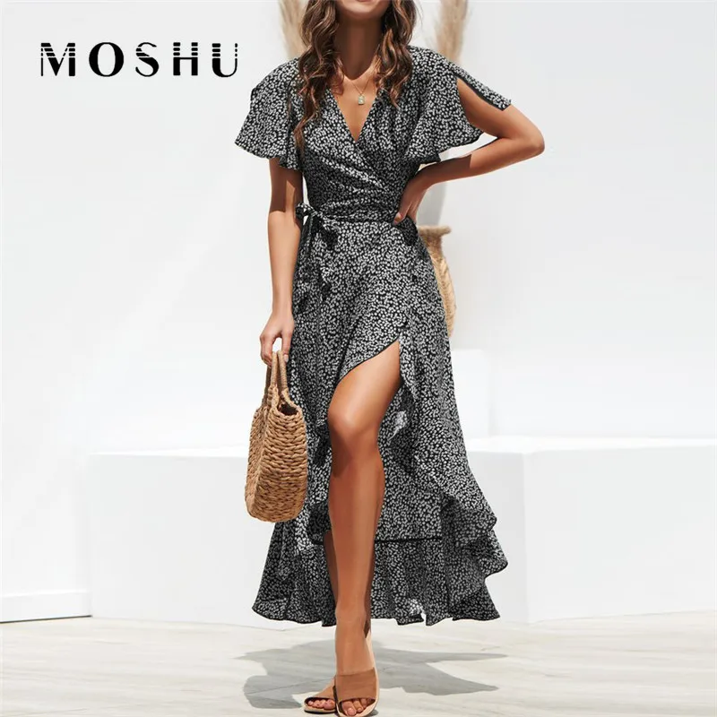 

Summer Beach Maxi Dress Women Floral Print Ruffles Wrap Casual V-Neck Split Sexy Party Dress Robe Boho Long Chiffon Dress