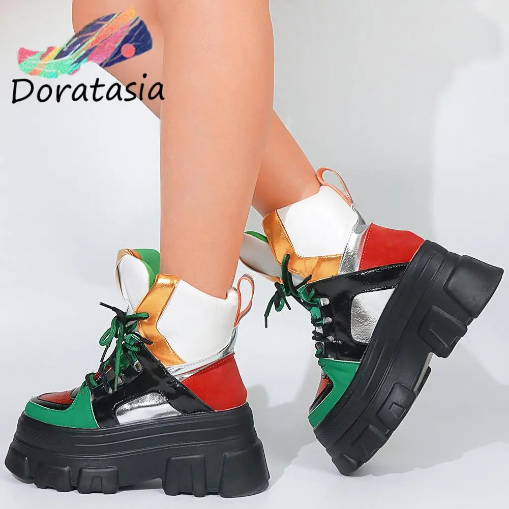 doratasia ins hot sale brand new mixed color lace up thick heel platform ankle womens boots chunky cool fashion designer shoes free global shipping