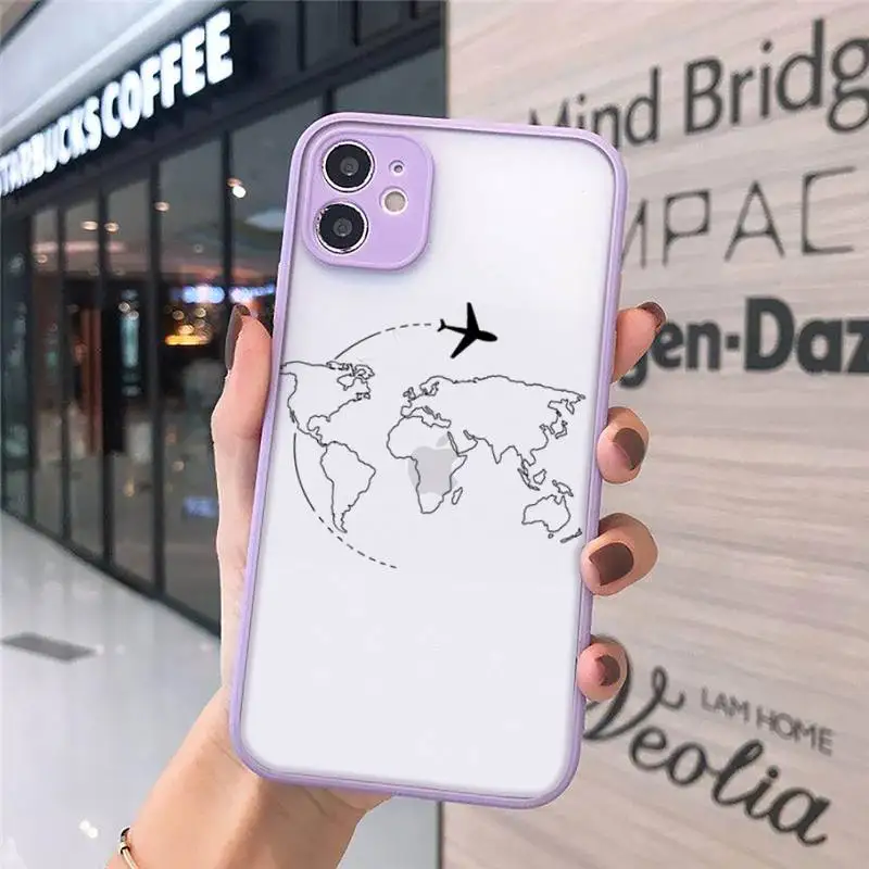 

Airplane world map travel line Phone Case purple matte transparent For iPhone 7 8 x xs xr 11 12 pro plus max mini Clear Funda