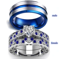 couple rings mens 8mm blue stainless steel ring womens love heart crystal cross ring set bridal wedding engagement jewelry