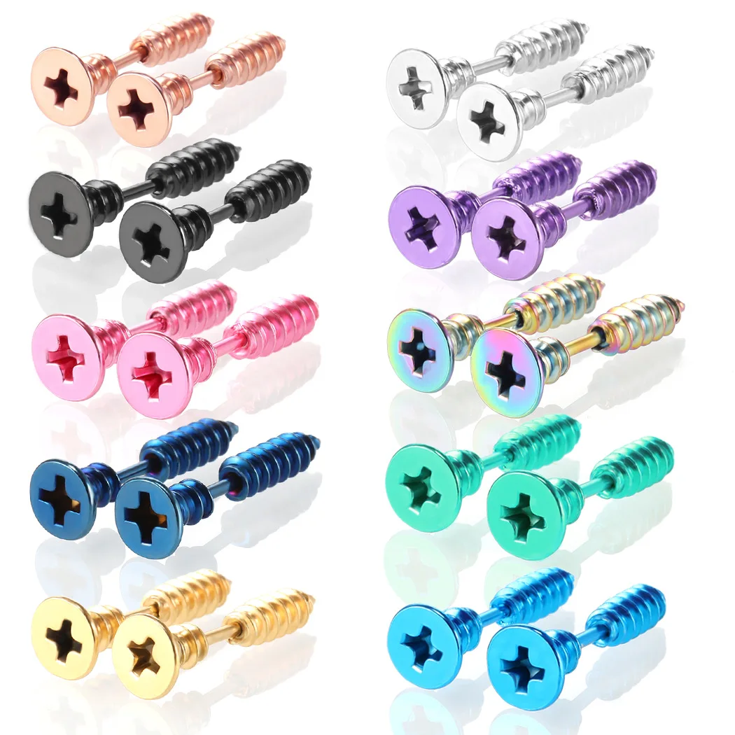 

2Pcs Stainless Steel Screw Stud Earrings for Men Punk Rock Gothic Piercing Jewelry Small Spiral Cross Earring Women Accessories