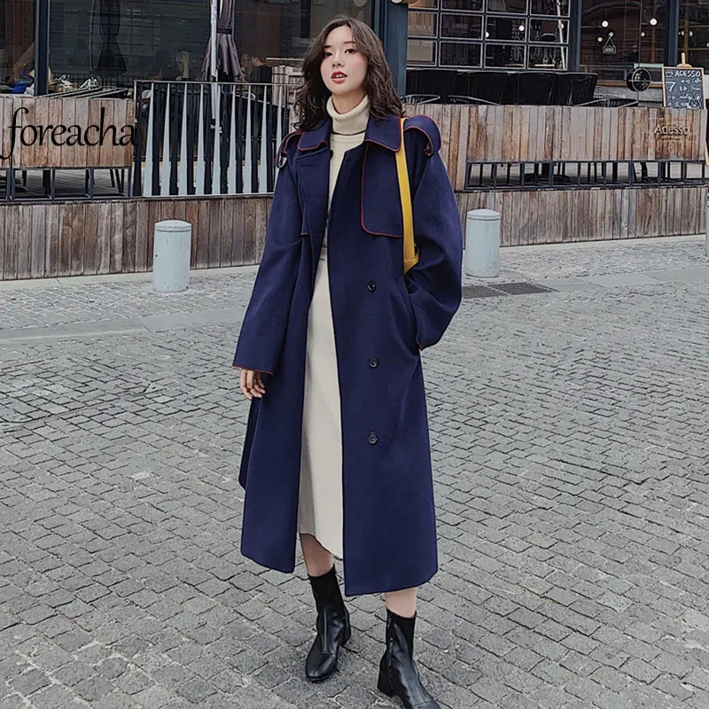 

Foreacha 2021 Корейская версия свободного кроя XL длинный женский тренчкот однобортный корсет Женская ветровка зимнее шерстяное пальто