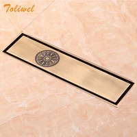 free shipping antique brass 8 x 30cm bathroom linear shower floor drain wire strainer waste drainer flower carved heavy seh029