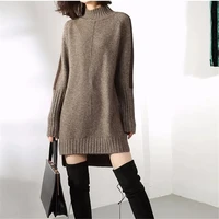 womens knitting sweater autumn and winter the new 2021 mid length color matching split fork patchwork pullover sweater mockneck