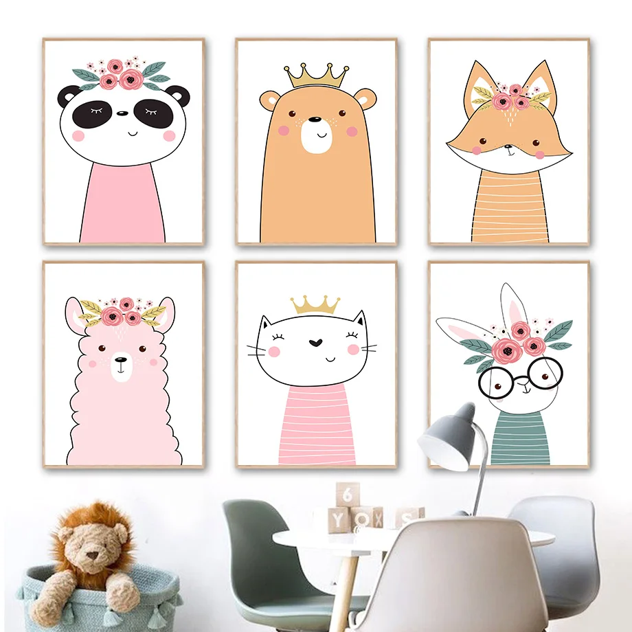 

Kawaii Bear Fox Cat Alpaca Rabbit Baby Nursery Wall Art Canvas Painting Nordic Posters And Prints Wall Pictures Kids Room Decor