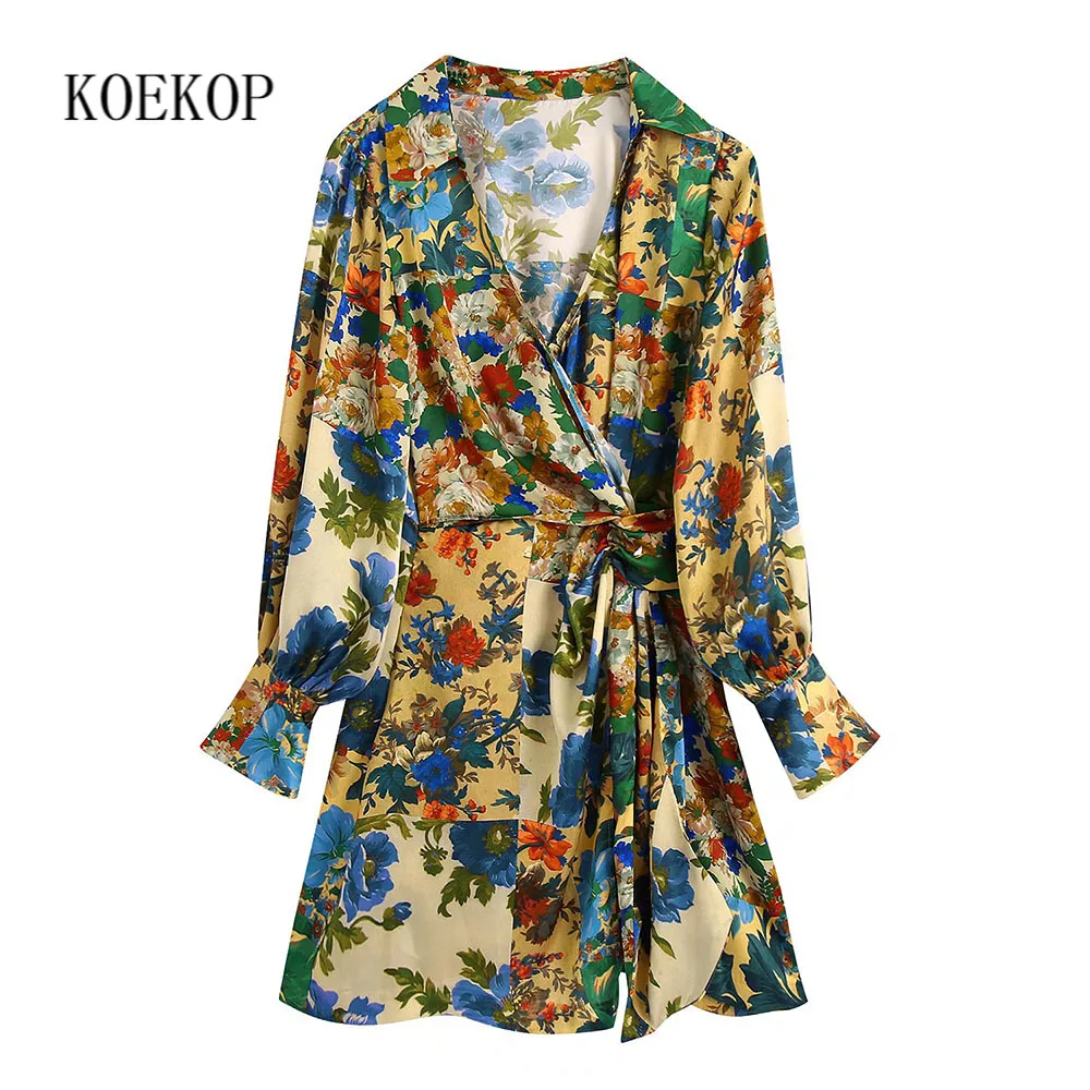 

Koekop Fashion Women Floral Printed Dress Gathered Detail V-neckline Long Cuff Sleeves Chic Lady Mini Short Dresses Female