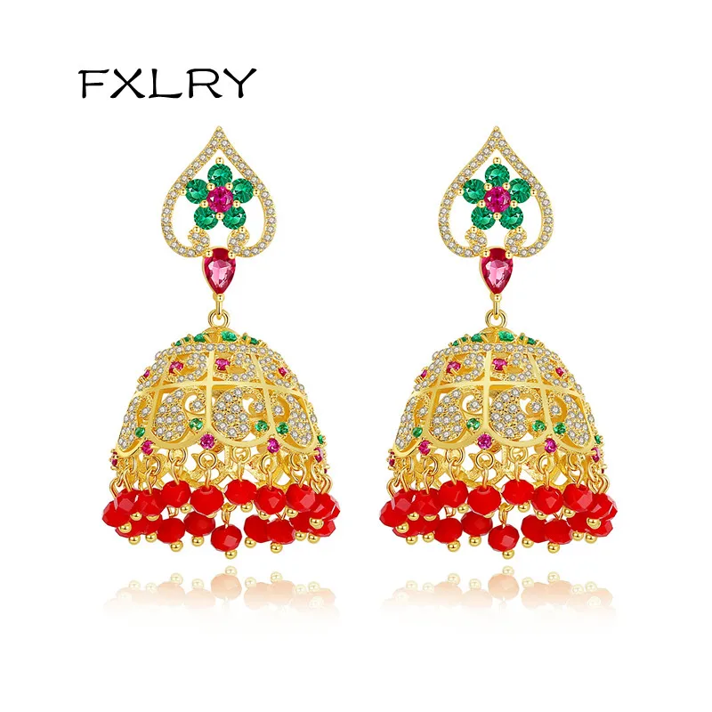 

FXLRY Gorgeous Gold Color Cubic Zircon Big Drop Earrings for Women Wedding Party CZ Red Beads Fashion Jewelry