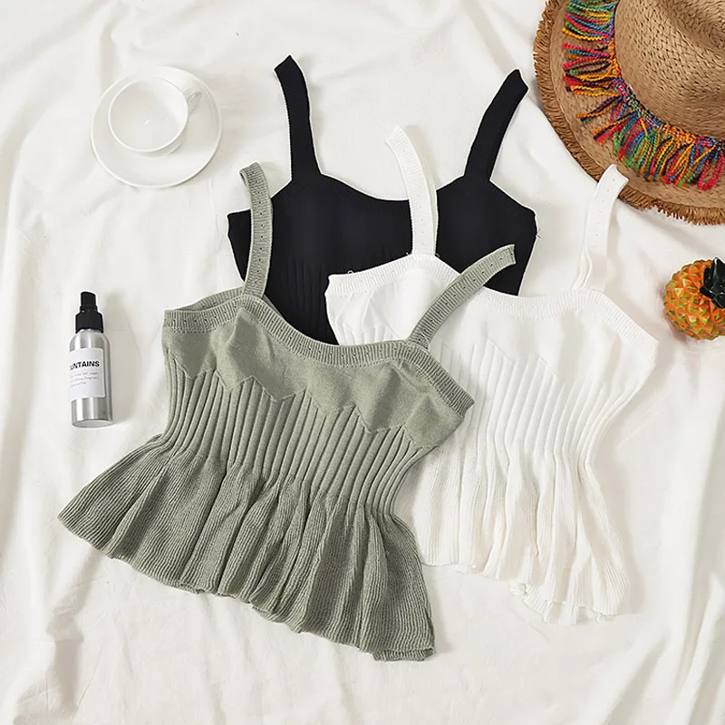 Женский топ на бретелях спагетти с открытой спиной и оборками|Топы| |