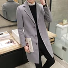 Мужской длинный шерстяной Тренч, однотонная однобортная куртка с отложным воротником, на осеньзиму, 2021