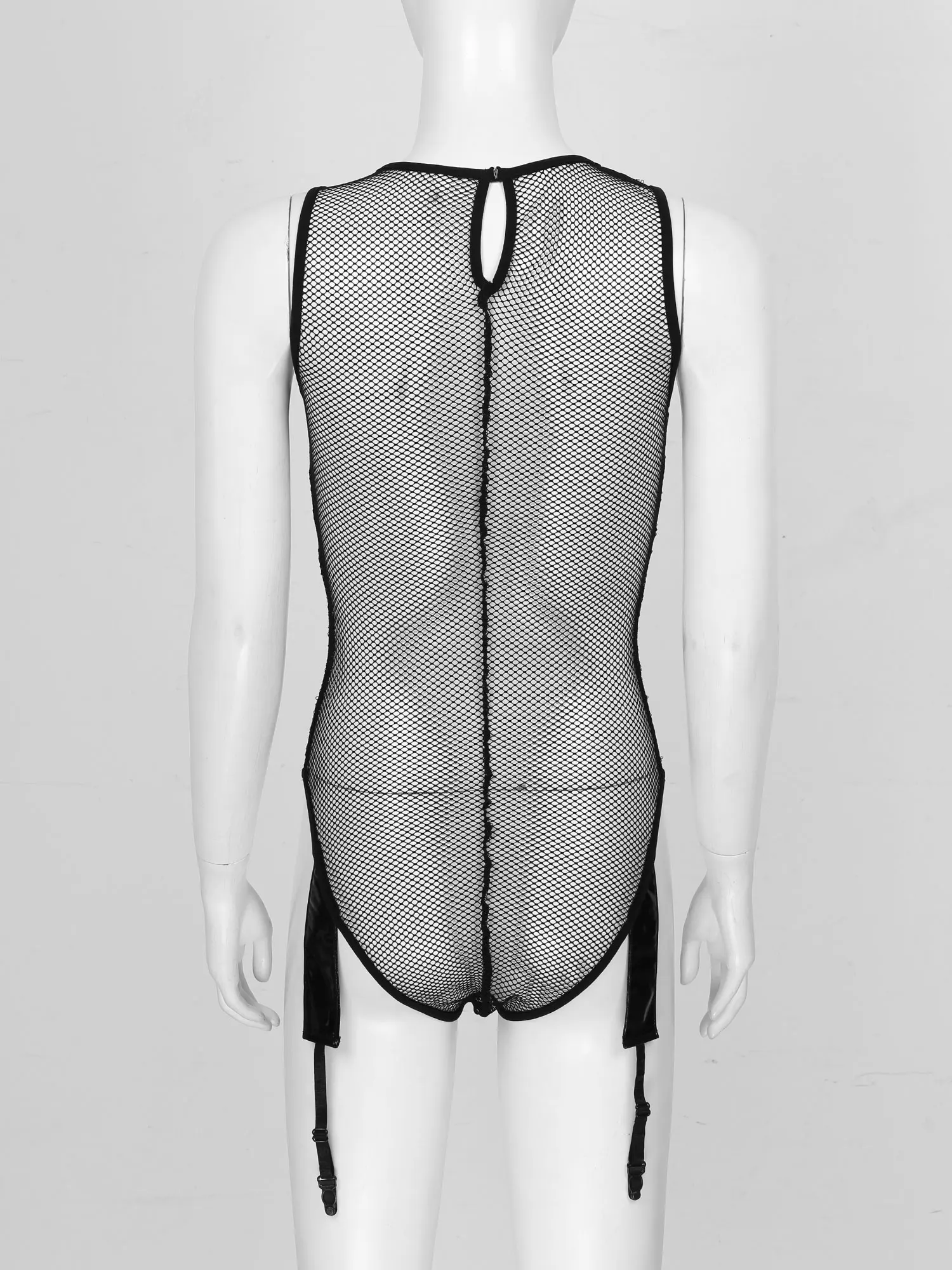 

Sexy Womens Erotic Lingerie See-through Fishnet Bodysuit Round Neck Patent Leather Decor Mesh Leotard with Garter Belt Nightclub