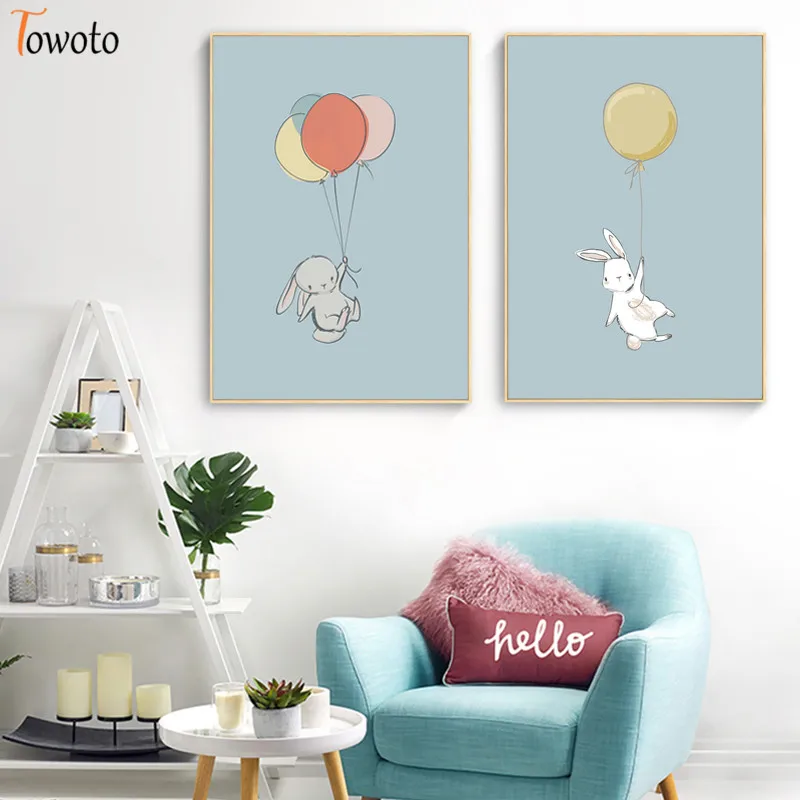 Картина на холсте с милым Кроликом Летающий кролик воздушным шаром постер