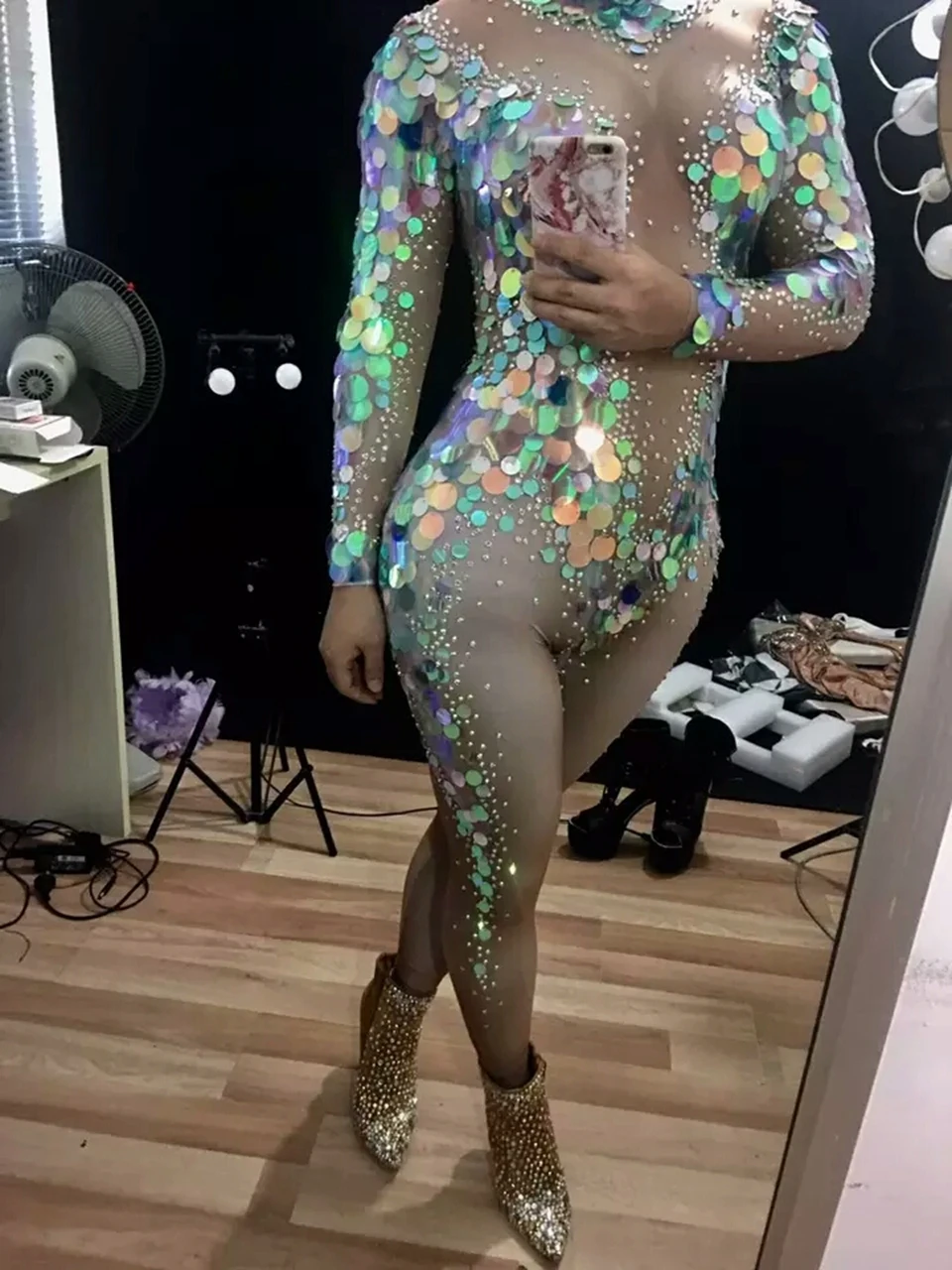 Multicolor Sequins Rhinestones Women Bandage Jumpsuit Sexy Nightclub Outfit Singer Dancer Costumes Female Rave Festival Clothing |