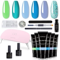 6 color blue green series poly nail gel 14 pcs nail kit with uvled lamp acrylic extension nail art tools set