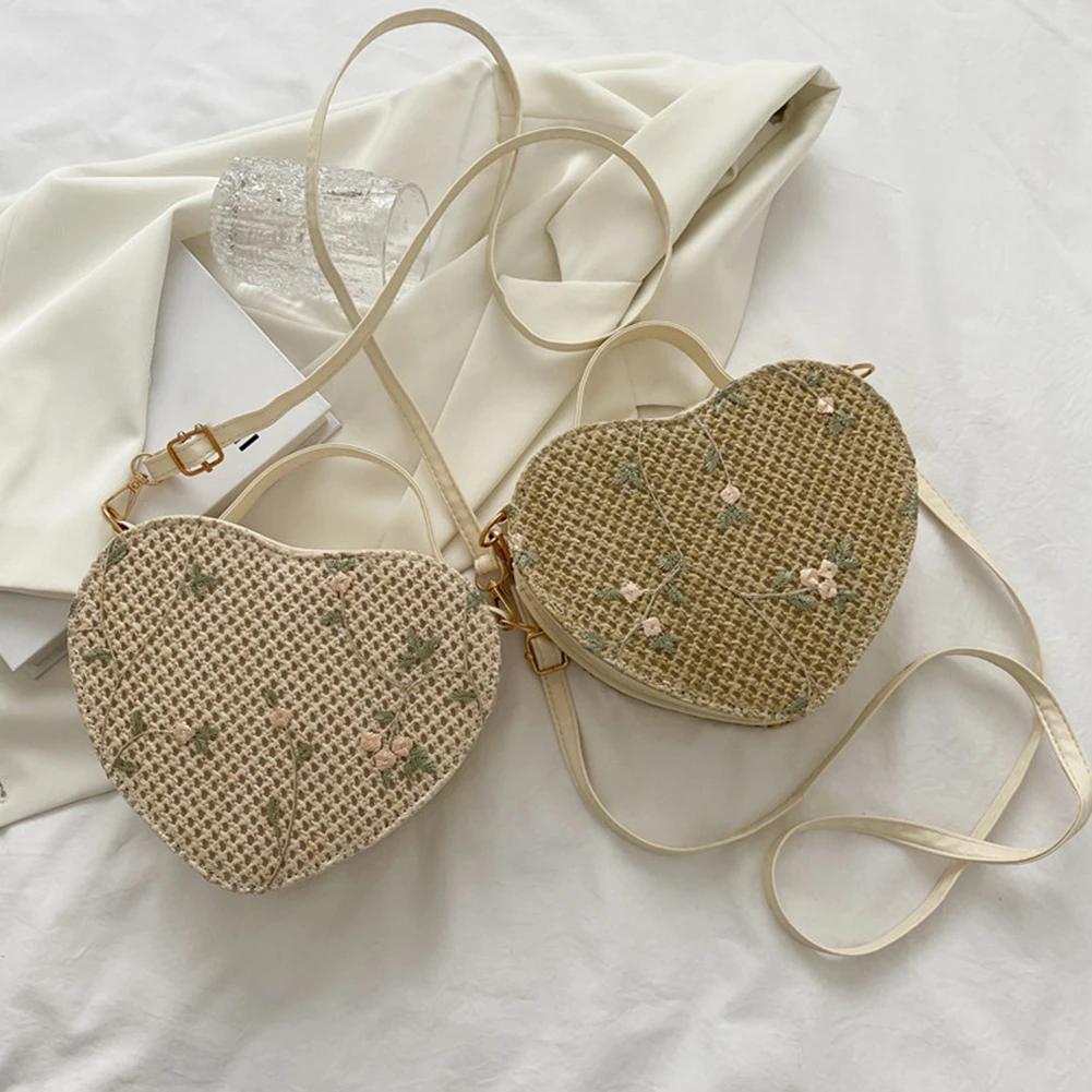 

Summer Beach Phone Bags for Women 2021 Trend Heart Shaped Handbags Purse Lace Mesh Woven Female Crossbody Shoulder Messenger Bag
