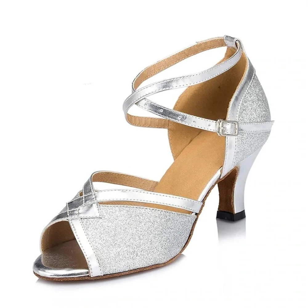 Latin Silver Dance Shoes Sparkling Glitter 6cm Heel Ballroom  Adult Ladies Salsa Tango  Trainer Dance Shoes High Heel Sandals