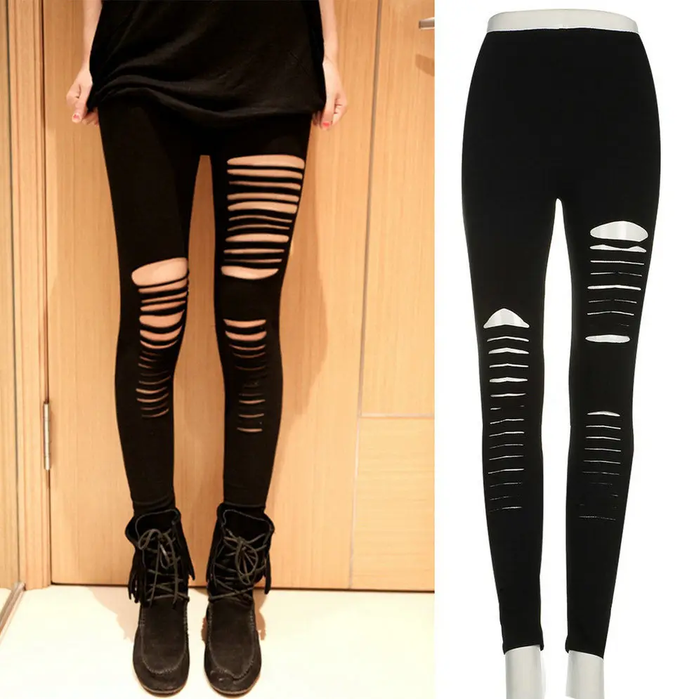 Sexy Women Leggings Goth Punk Slashed Ripped Cut Out Slit Stretch Pants Leggings Black Hole Women Pencil Leggings