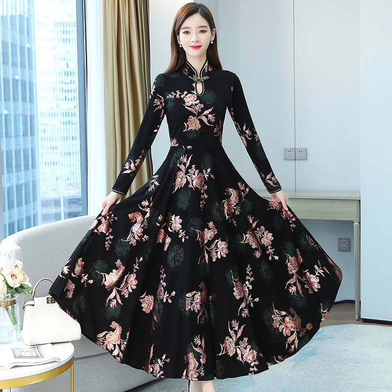 

2021 Red Print Cotton Chiffon Long Sleeve Maxi Dress Autumn Vintage Boho Floral Midi Dress Women Elegant Bodycon Party Vestidos