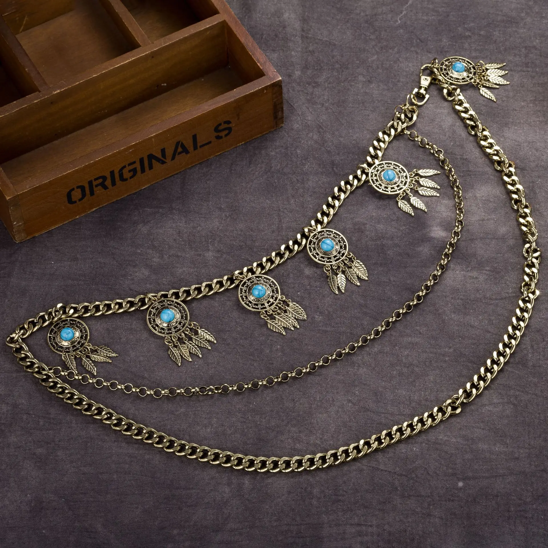 Женский пояс для танца живота серебристый/Бронзовый с бирюзовым камнем и