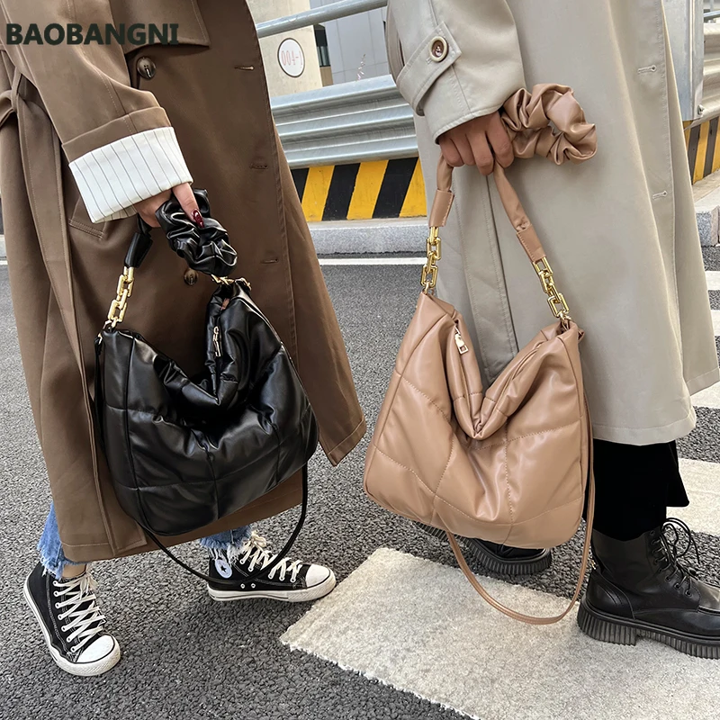 Winter New PU Leather Small Padded Crossbody Shoulder Bag Designer Women Handbag and Purses Quilted Totes