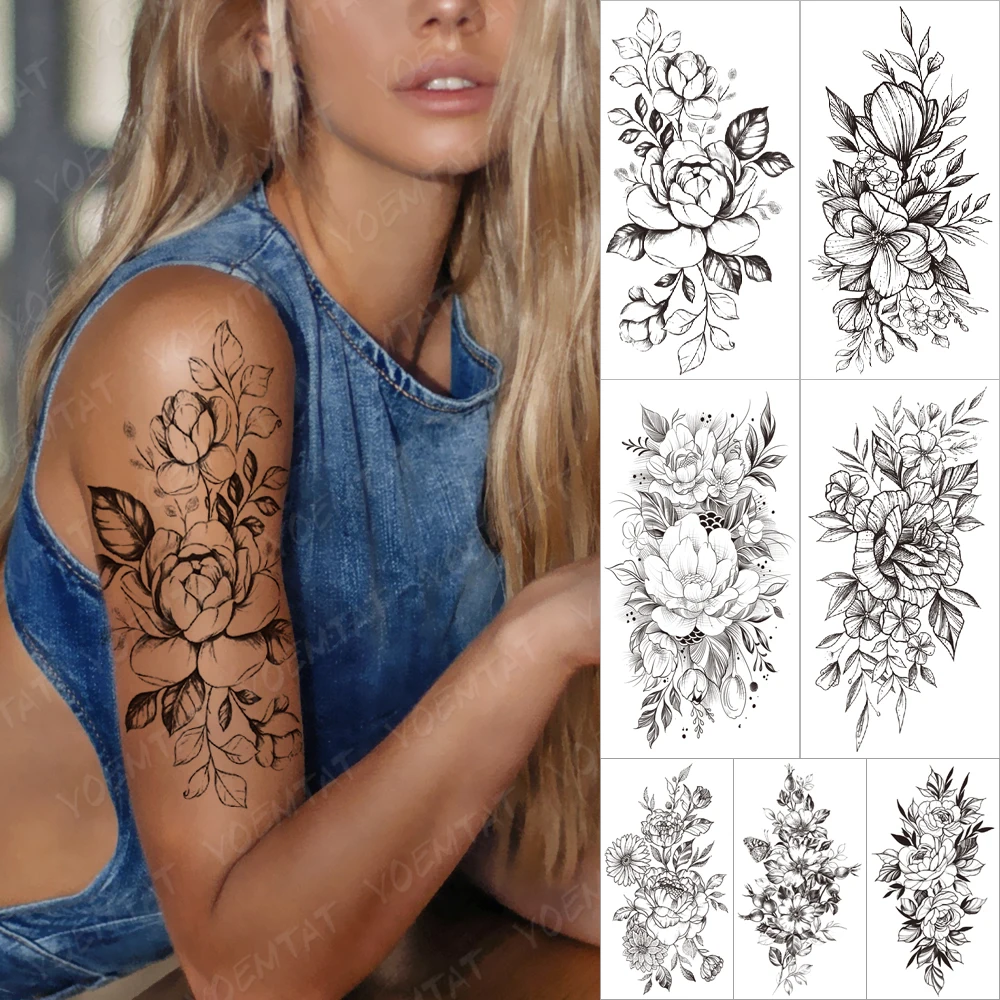 

Waterproof Temporary Sleeve tatooo Sticker Black Jasmine Rose Flower Daisy Leaf Neck Sexy tatoo Body Art Fake tattoos Male Women