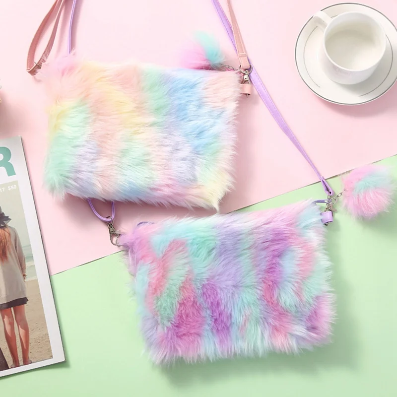 

Student Belt Zipper Cartoon Unicorn Shoulder Bag Girl Preppy Style Plush Crossbody Bag For Phone Square Rainbow Fur Flap Purse