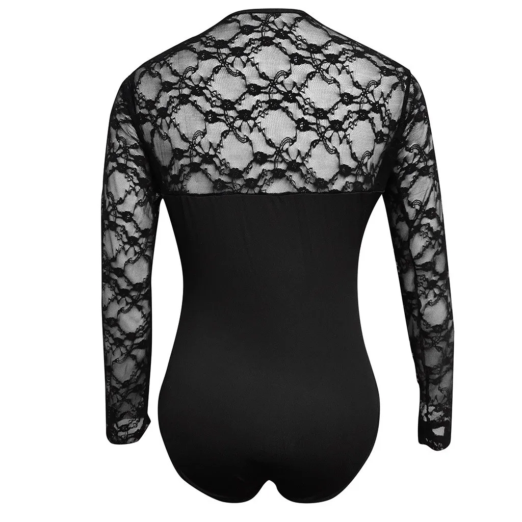 

Long Sleeve Bodysuit Women One Piece Sleepwear Sexy Streetwear Bodycon O Neck Mesh Leotard Sheath Crotch Basic Black Overalls