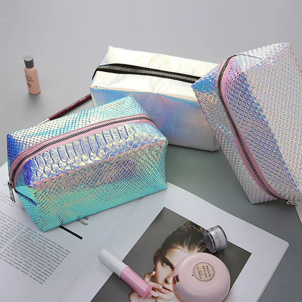 

New fashion fish scale pattern laser PU cosmetic bag women wash storage bag cosmetic cases casual travel makeup bag
