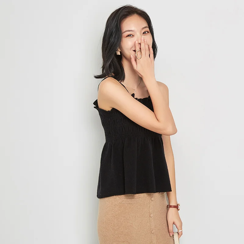Jinju 2020 autumn and winter new all-match solid color base 100% wool vest knitted women's suspender cardigan top