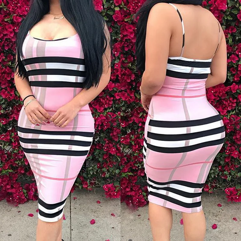 

QRWR 2020 Summer Women's Dress Fashion Sexy O Neck Stripe Dress Spaghetti Strap Slim Sleeveles Dress for Women