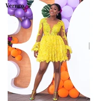 verngo bright yellow lace short cocktail party dress long sleeves sheer neck above knee formal prom gowns african plus size