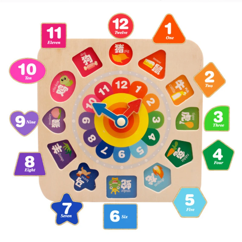 

Numbers Shape Matching Clock Wood Educational Early Education Chinese Zodiac Clock Beaded Bracelet Wearing Rope