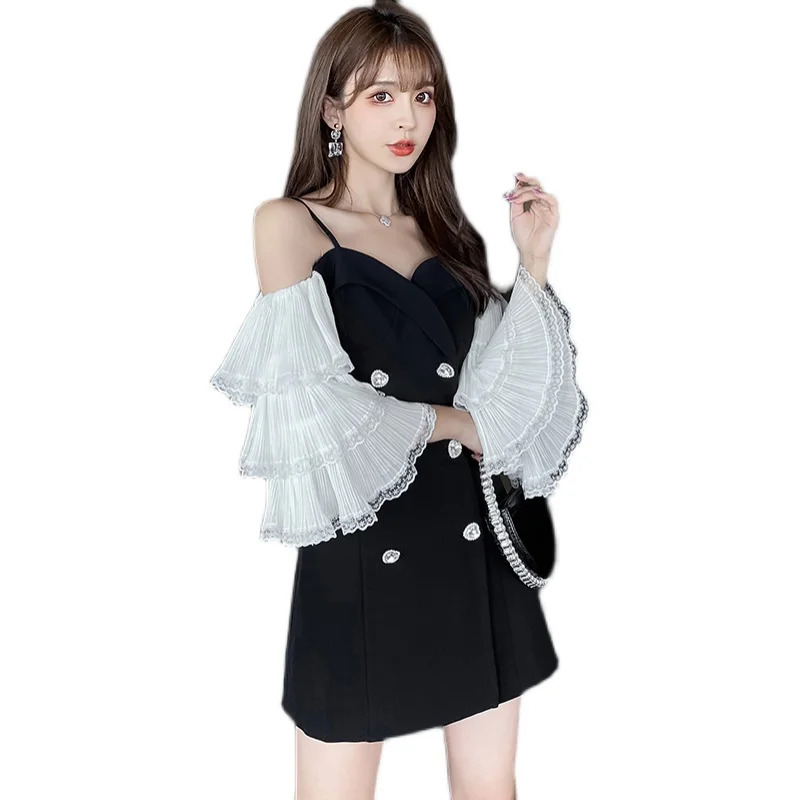 

Women One Piece Korea Dress Spring Office Lady French Style Full Sleeve Flare Sleeve Double Breasted V-Neck Black Dresses Robe