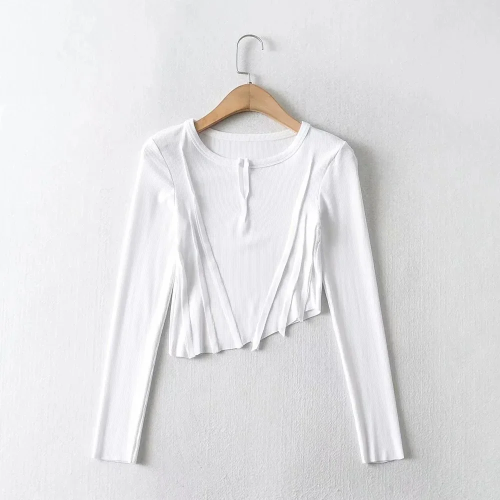 

Women's new sexy umbilical bottoming shirt Bella the same paragraph irregular beveled edge patchwork T-shirt