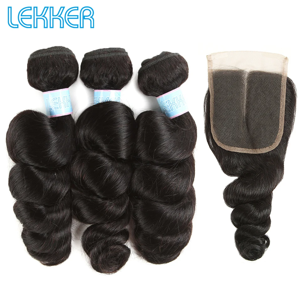 Lekker Loose Wave Bundles with Closure Brazilian Hair Weave Bundle with Closure 3 Bundles with 4*4 Lace Closure