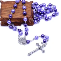new style catholic virgin mary religious jewelry jesus christ long strand glass pearl cross rosary necklace