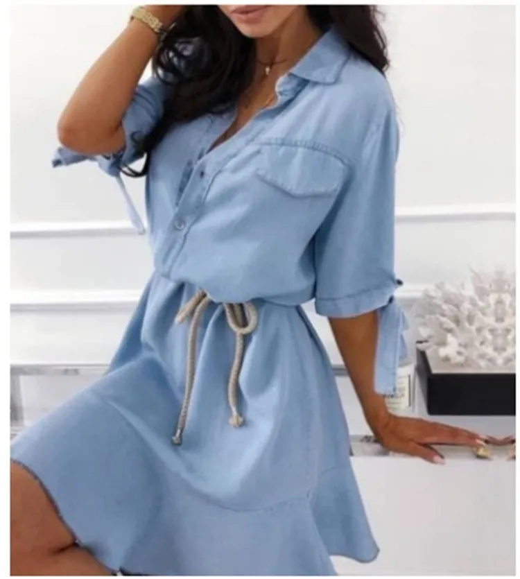

2021 Summer Dress New Blue Lapel Casual Dress Temperament Short Dress 2021 V Neck Waist Tie Dress Women