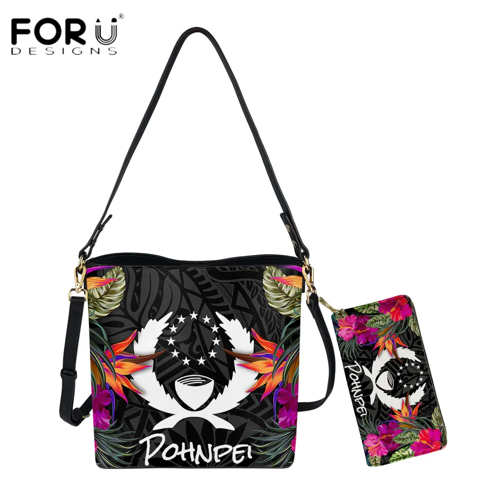 

FORUDESIGNS Luxury Women PU Leather Bucket Bag And Purse Pohnpei Hawaii Polynesian Hibiscus Printing Shoulder Bolsa Totes Sac