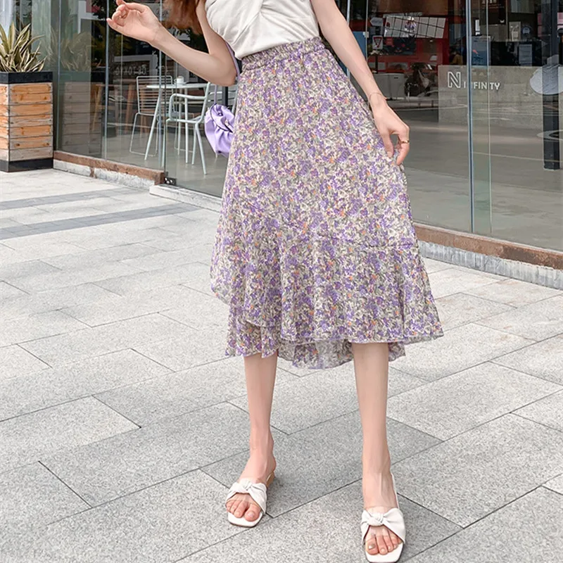 

Fashion 2021 Summer Women Skirts Purple Floral Printed High Waist Cute Sweet Girl's Knee-length Skirt Asymmetry Skirts for Women