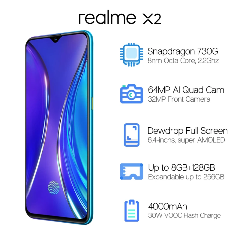 REALME X2 X 2 6ГБ 64ГБ Смартфон Snapdragon 730G Octa Core 64МП Квадрокамеры 6.4 NFC Мобильный телефон 4000мАч 30W VOOC Быстрая зарядка.