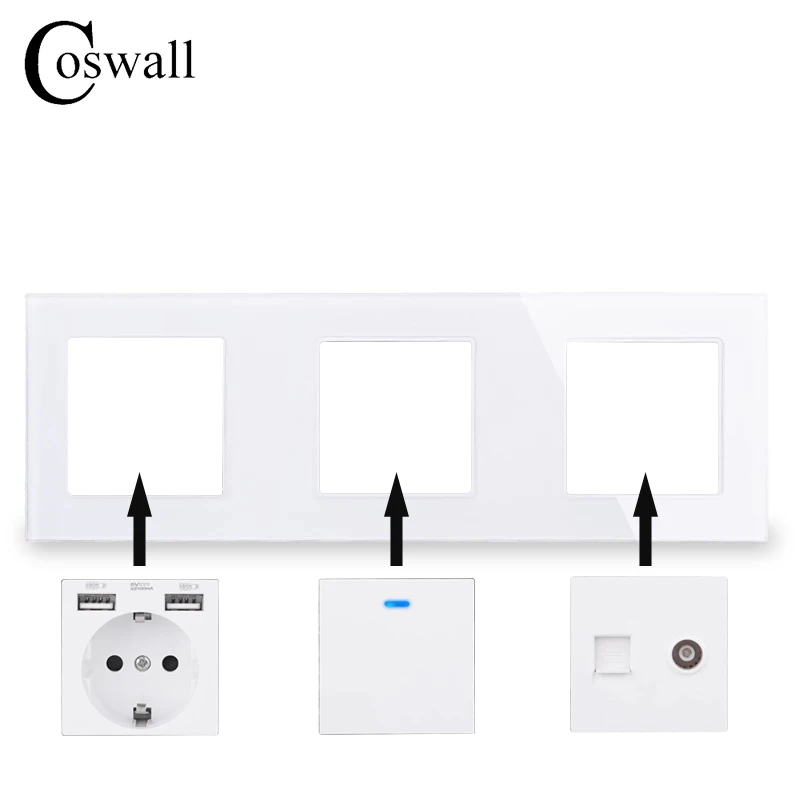coswall c1 series white glass panel wall switch eu french socket hdmi compatible usb type c 4a fast charger tv rj45 module diy free global shipping