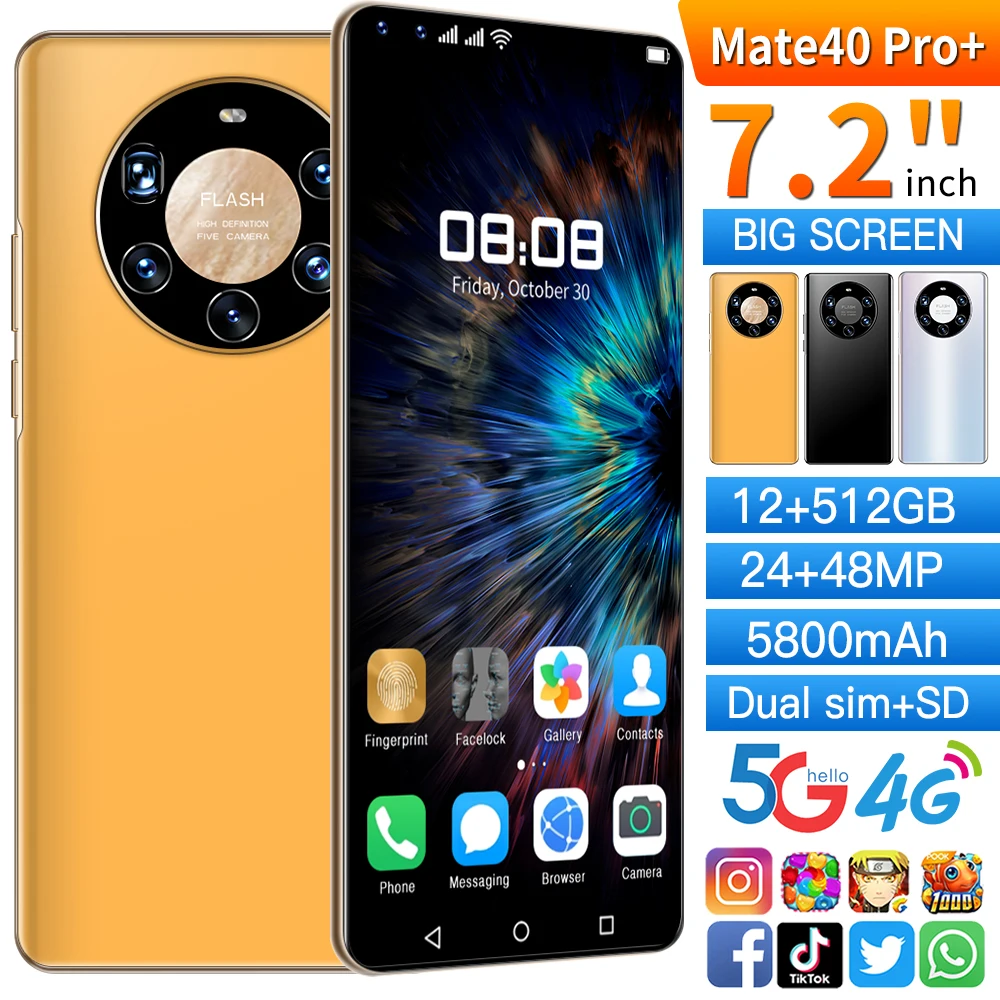 

Mate40 Pro+ 7.2HD Smartphone Android 12+512GB 24+48MP Featured Phone Global Version 3D Glass Plated Back Cover Cell Phone