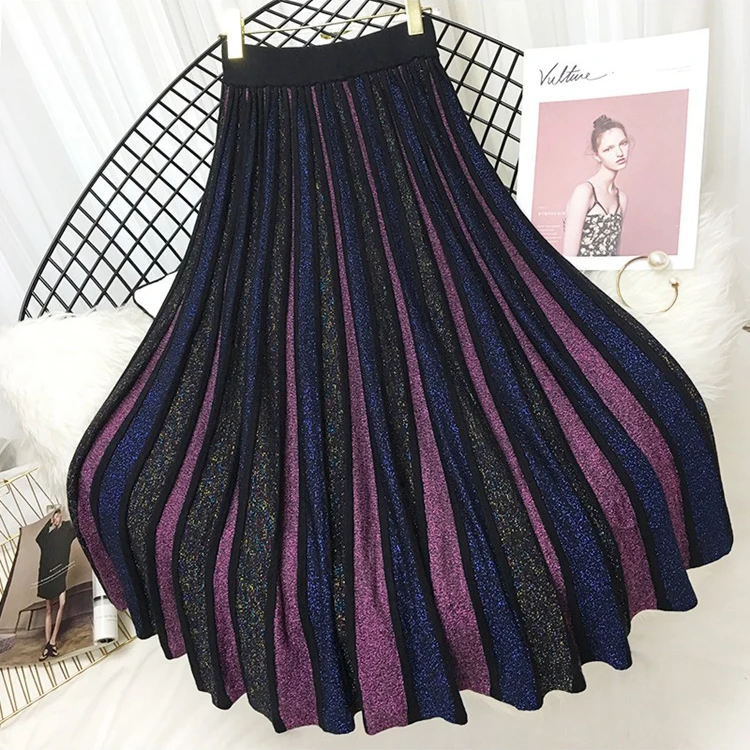 

2020 High Waist Colorful Knitted Winter A-Line Long Fashion Women Vintage Pleated Skirt Faldas Jupe Femme Saia