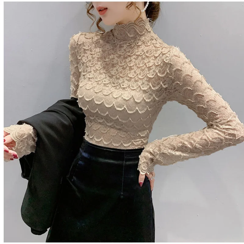

Women's Long-sleeved Lace Bottoming Shirt Slim Fit Half-high Collar Fashion Sexy Hollow Out Solid Color Female Thin Shirt Tops