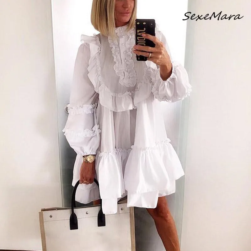 

Autumn Fashion Women Dress 2020 Vintage White Lantern Sleeves Loose Midi Dresses