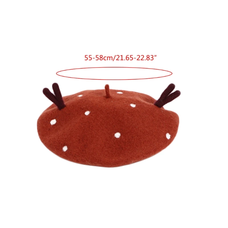 Women Christmas Faux Wool Beret Cap Cute 3D Antlers Vintage Painter Mushroom Hat 6XDA