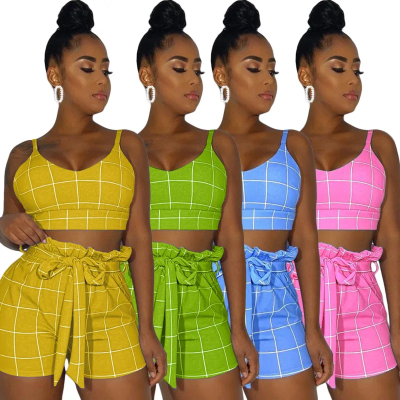 

Женский спортивный костюм из двух предметов, комплект из двух предметов, укороченный топ и велосипедные шорты с рисунком в клетку, лето 2021