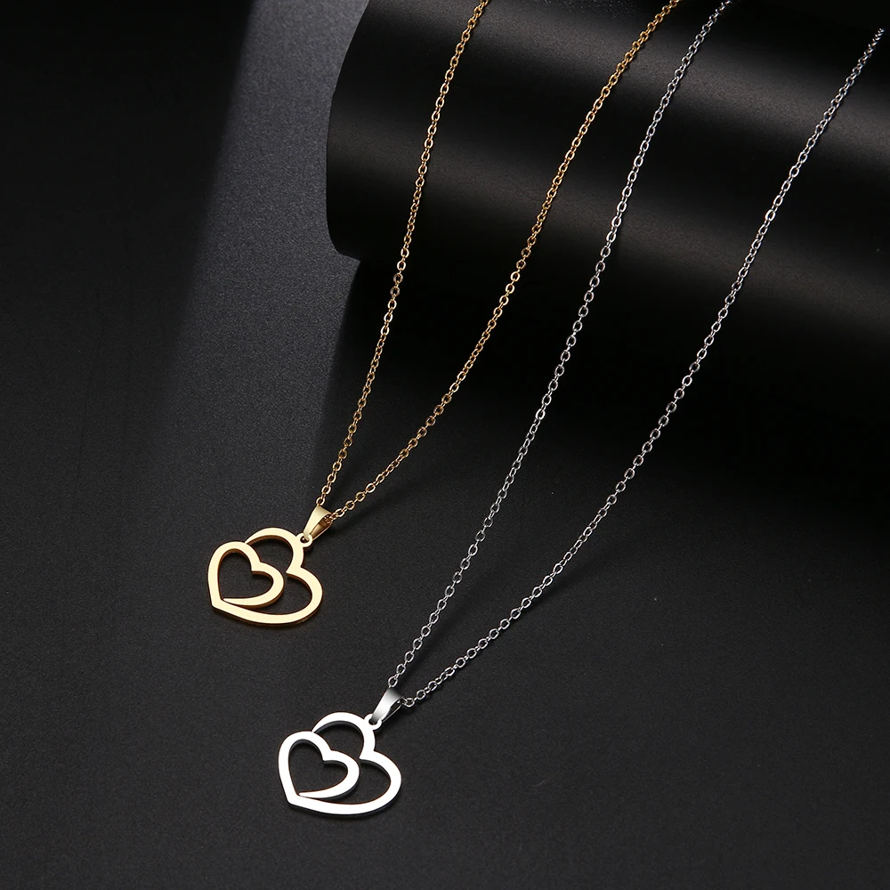 

2021 Fashion Sweet Stainless Steel Hollow Double Heart Pendant Necklace For Women Man Choker Rose Gold Necklace Jewelry
