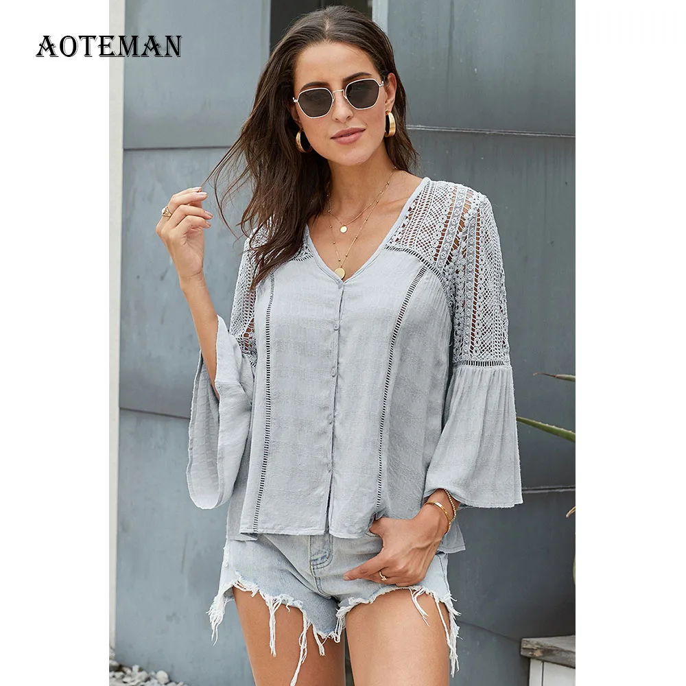 Женская блузка с v образным вырезом и рукавом бабочкой весна лето 2020|Блузки| |