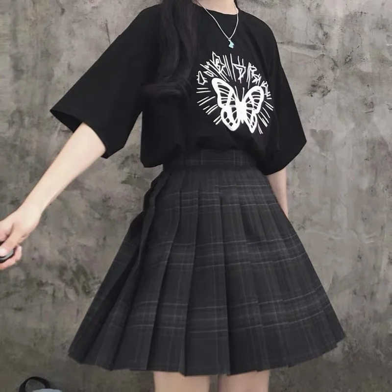 

HOUZHOU Harajuku Plaid Skirt Women Gothic Black Pleated Mini Skirts for Girls Kawaii Japanese School Uniform Preppy Style JK